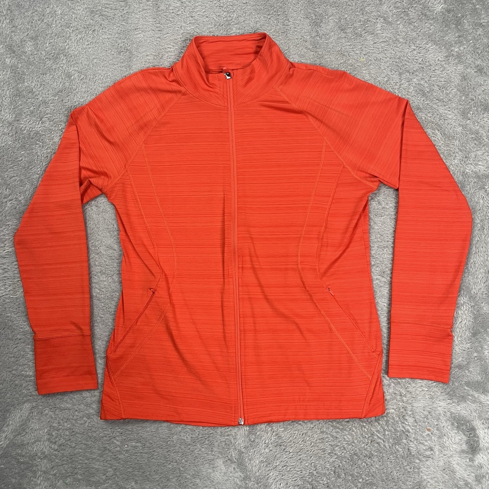 Athleta Jacket Womens XL Orange Striped Full Zip Thumbholes Stretch Athletic